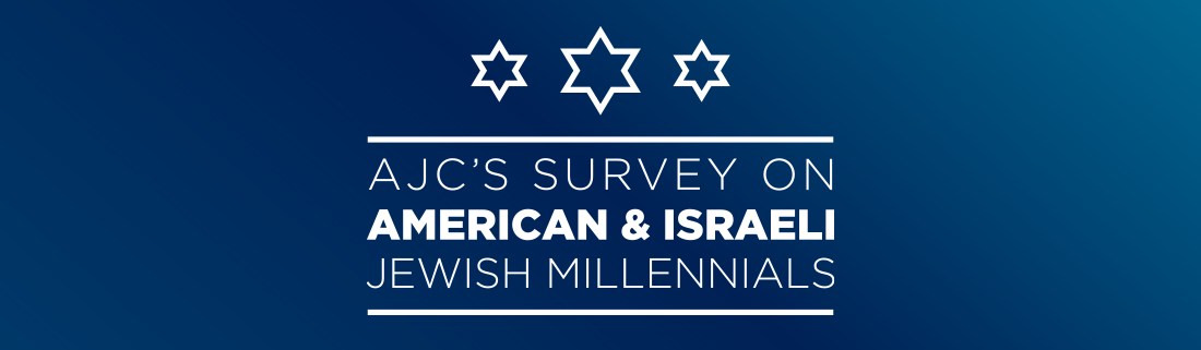 Graphic saying AJC's Survey on American & Israeli Jewish Millennials in white on a dark blue teal background