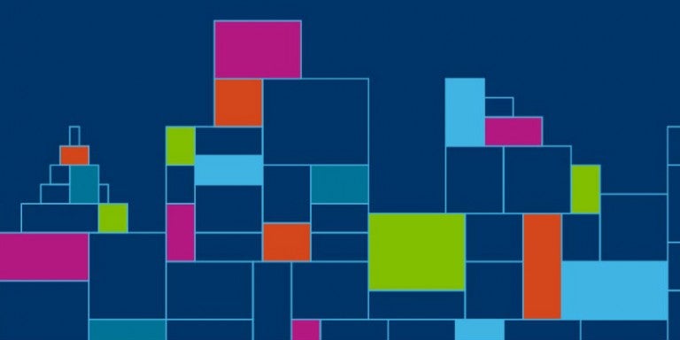 Graphic of navy, purple, green, red, and light blue boxes