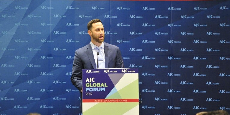 Photo of Oren Jacobson speaking at AJC Global Forum 2017