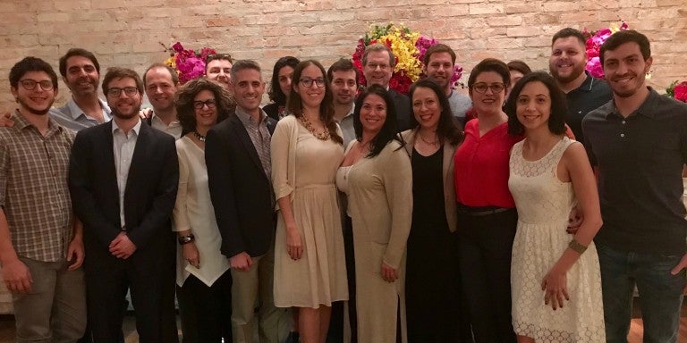 Photo of David Harris, Dina Siegel Vann, Dan Elbaum, and ACCESS members at the launch of ACCESS' Young Leadership Program in São Paulo, Brazil