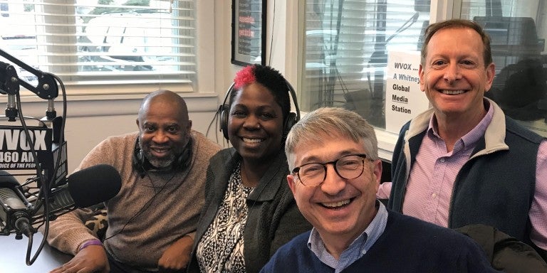 Photo of Rev. Kymberly McNair, Rev. Dr. Stephen Pogue, Rabbi Jeffrey Sirkman, and Cliff Wolf appearing on AJC Live - January 15 - Facing Racism 