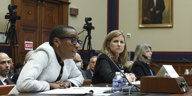 (L-R) Dr. Claudine Gay, President of Harvard University, Liz Magill, President of University of Pennsylvania, and Dr. Sally Kornbluth, President of Massachusetts Institute of Technology, testify before the House Education and Workforce Committee at the Rayburn House Office Building on December 05, 2023 in Washington, DC. The Committee held a hearing to investigate antisemitism on college campuses. 