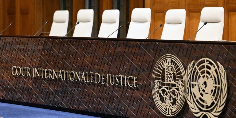 THE HAGUE, NETHERLANDS - JANUARY 11: Public hearings in South Africa's genocide case against Israel began on Thursday at the International Court of Justice (ICJ) in The Hague, Netherlands on January 11, 2024. On the first day of the trial, South Africa will be presenting hard evidence in the case it filed on Dec. 29, accusing Israel of genocide and violation of the UN Genocide Convention with its actions in the Gaza Strip since Oct. 7. The South African side will be requesting an injunction by the top UN co