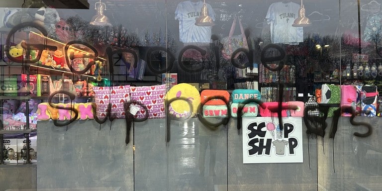 Graffiti reading "genocide supporters" on the façade of the Scoop Shop, a Scarsdale, NY ice cream and gift store, Jan. 25, 2024.