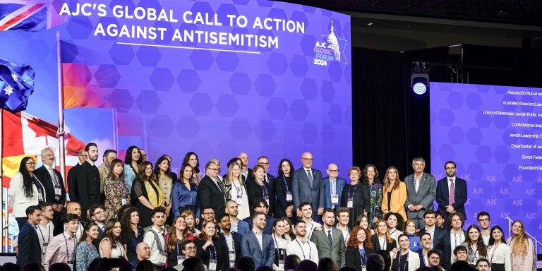 Image of AJC CEO Ted Deutch joined at the opening plenary of AJC Global Forum 2024 by 28 Jewish leaders from around the world to announce AJC’s Global Call to Action Against Antisemitism.