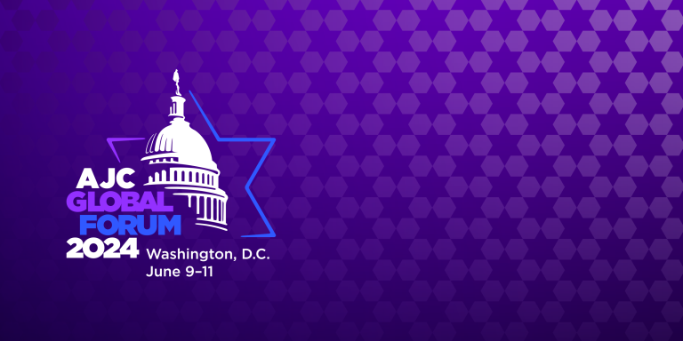 Graphic saying AJC Global Forum 2024 - Washington, D.C. - June 9-11 on a purple background with Stars of David