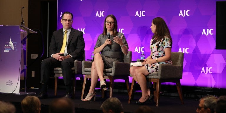 Julie Fishman Rayman, AJC Managing Director, Policy and Political Affairs sitting down with experts at AJC's 2024 Global Forum.