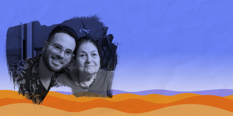 Photo of Hen Mazzig smiling with his grandmother Kamisa, paintbrush effect around the photo, laid over a graphic representation of the desert