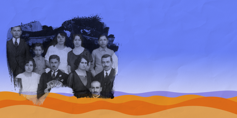 photo of the Sadfie family at a wedding in Syria, Aleppo, 1914, over a graphic depiction of the desert