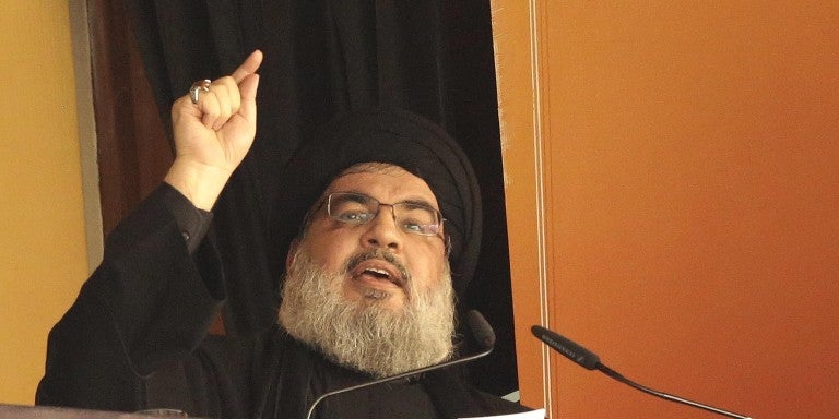 Secretary-General of Hezbollah, Hassan Nasrallah gives a speech during a Ashura Day ceremony in Beirut, Lebanon on October 24, 2015. Ashura day, the tenth day of Muharram in the Islamic calendar, is well-known because of mourning for the martyrdom of Husayn ibn Ali, the second grandson of Muhammad, who was killed during the Battle of Karbala in 680. 