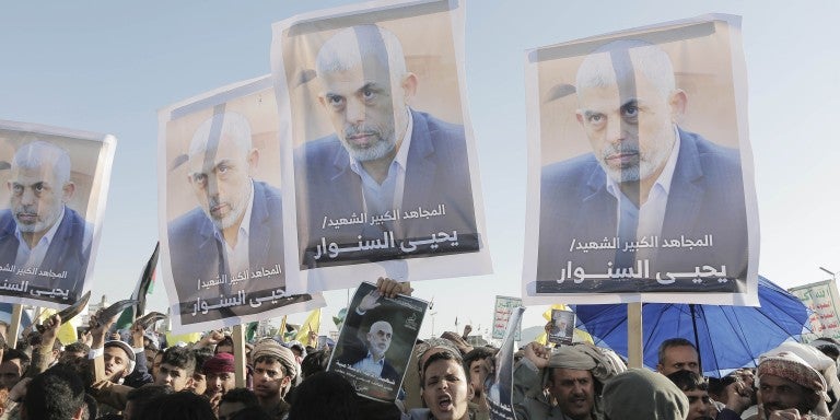 SANAA, YEMEN - OCTOBER 18: People gather to stage a demonstration against Israel's attacks on Lebanon and Gaza and the killing of Hamas Political Bureau Head Yahya Sinwar, in Sana'a, Yemen on October 18, 2024.