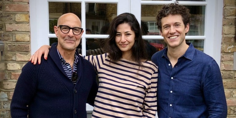 Three figures, left to right: Stanley Tucci, Willa Kaufman, David Mogdiliani, at Sonica Studios in London.