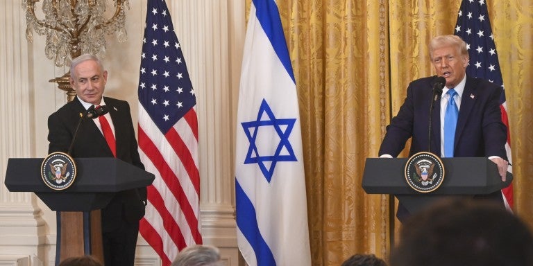 U.S. President Donald Trump R and Israeli Prime Minister Benjamin Netanyahu hold a joint press conference at the White House in Washington D.C., the United States, Feb. 4, 2025. Trump met with Netanyahu here on Tuesday.