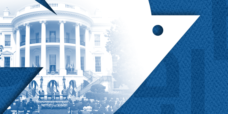 White dove over a dark blue background with peace written in three languages: Hebrew, Arabic, and English. Photo inside the dove reads "From the White House Lawn" and shows an image of the White House lawn on September 15, 2020 at the signing of the Abraham Accords.