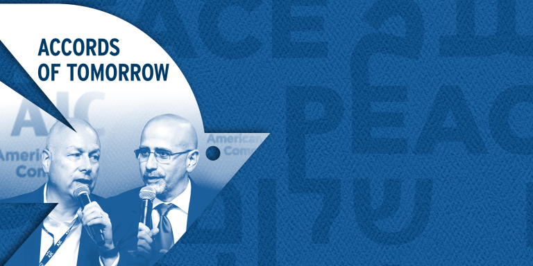 White dove over a dark blue background with peace written in three languages: Hebrew, Arabic, and English. Photo inside the dove reads "Accords of Tomorrow" and shows an image of Dan Shapiro and Jason Greenblatt.