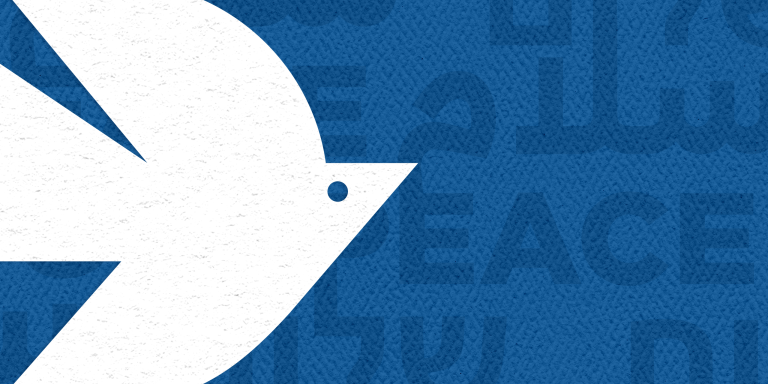 Architects of Peace. Blue background, peace in English, Hebrew, and Arabic. White dove overlaid on the lefthand side of the image.