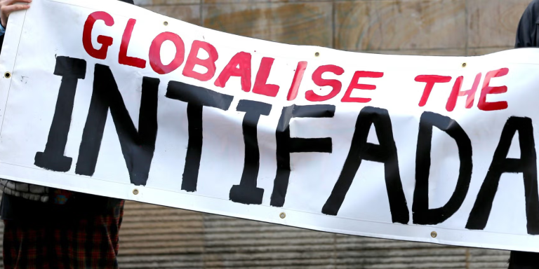 Globalize the intifada sign at an anti-Israel rally.