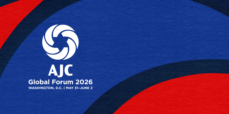Graphic saying AJC Global Forum 2026 - Washington, D.C. - May 31- June 2 on a blue and red swirling background