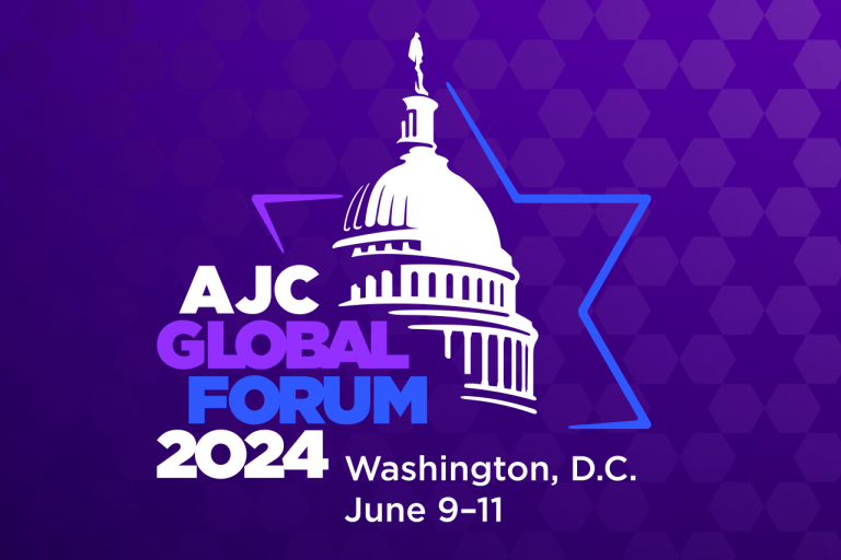 Graphic saying AJC Global Forum 2024 - Washington, D.C. - June 9-11 on a purple background with Stars of David