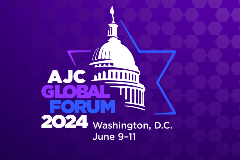 Graphic saying AJC Global Forum 2024 - Washington, D.C. - June 9-11 on a purple background with Stars of David