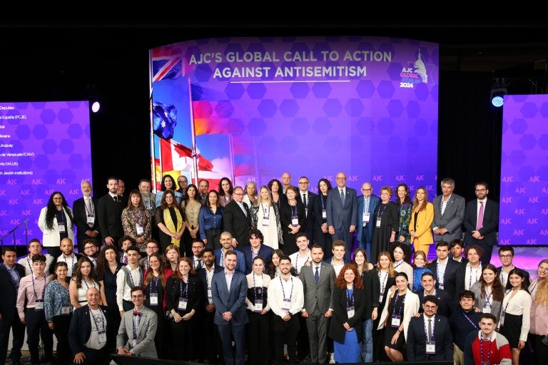 Image of AJC CEO Ted Deutch joined at the opening plenary of AJC Global Forum 2024 by 28 Jewish leaders from around the world to announce AJC’s Global Call to Action Against Antisemitism.
