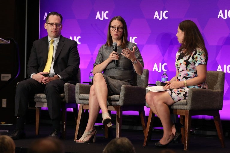 Julie Fishman Rayman, AJC Managing Director, Policy and Political Affairs sitting down with experts at AJC's 2024 Global Forum.