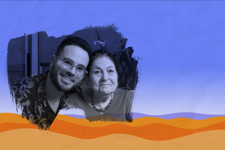 Photo of Hen Mazzig smiling with his grandmother Kamisa, paintbrush effect around the photo, laid over a graphic representation of the desert