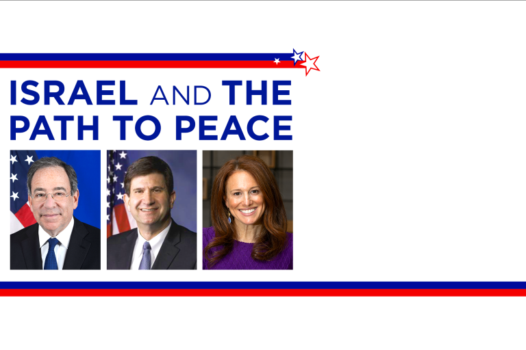 Israel and the Path to Peace" event promotional image with three headshots and patriotic-themed border with stars and stripes. Headshot images include: Thomas R. Nides, Brad Schneider, and Halie Soifer