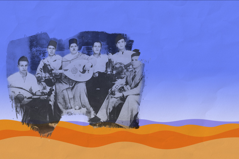 Photo of orchestra in Morocco, paintbrush effect around the photo, laid over a graphic representation of the desert