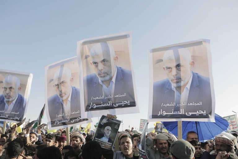 SANAA, YEMEN - OCTOBER 18: People gather to stage a demonstration against Israel's attacks on Lebanon and Gaza and the killing of Hamas Political Bureau Head Yahya Sinwar, in Sana'a, Yemen on October 18, 2024.