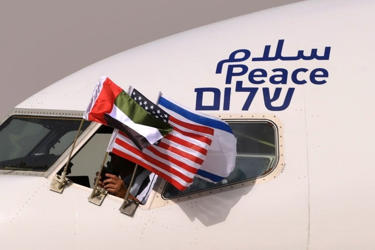 The Emirati, Israeli, and U.S. flags are flown from an El Al passenger aircraft after its arrival in Abu Dhabi, United Arab Emirates.