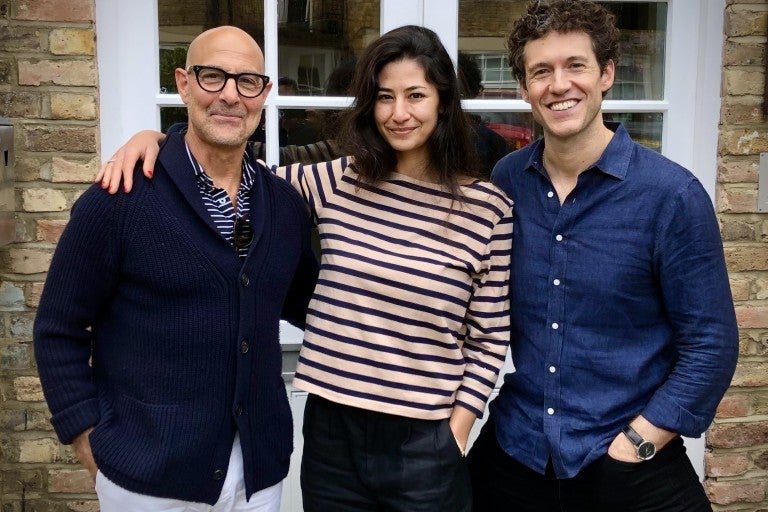 Three figures, left to right: Stanley Tucci, Willa Kaufman, David Mogdiliani, at Sonica Studios in London.