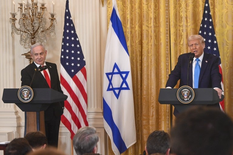 U.S. President Donald Trump R and Israeli Prime Minister Benjamin Netanyahu hold a joint press conference at the White House in Washington D.C., the United States, Feb. 4, 2025. Trump met with Netanyahu here on Tuesday.