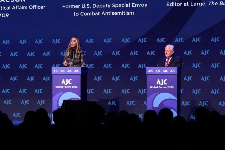 Photo of with Bill Kristol and Ellie Cohanim at AJC's Global Forum 2025