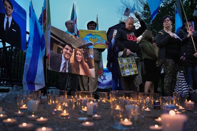 Mourners gather for a vigil for the victims of the Capital Jewish Museum shooting outside of the White House on May 22, 2025 in Washington, DC. Two Israeli Embassy staff members, Yaron Lischinsky and Sarah Lynn Milgrim, were gunned down Wednesday evening after an event at the museum by a man shouting slogans in support for Palestine.