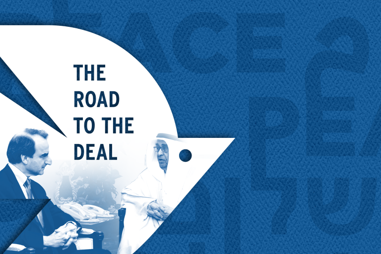 White dove over a dark blue background with peace written in three languages: Hebrew, Arabic, and English. Photo inside the dove reads "The Road to the Deal" and shows an image of AJC Chief Policy and Political Affairs Officer Jason Isaacson with His Highness Shaikh Mohammed Bin Mubarak Al-Khalifa, former Deputy Prime Minister of Bahrain