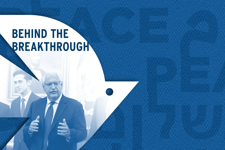 Image of Ambassador David Friedman in the oval office, gesticulating. White dove over a dark blue background with peace written in three languages: Hebrew, English, and Arabic