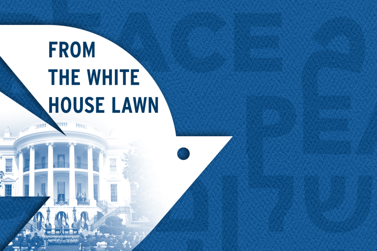 White dove over a dark blue background with peace written in three languages: Hebrew, Arabic, and English. Photo inside the dove reads "From the White House Lawn" and shows an image of the White House lawn on September 15, 2020 at the signing of the Abraham Accords.