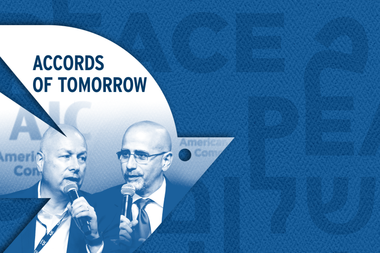 White dove over a dark blue background with peace written in three languages: Hebrew, Arabic, and English. Photo inside the dove reads "Accords of Tomorrow" and shows an image of Dan Shapiro and Jason Greenblatt.