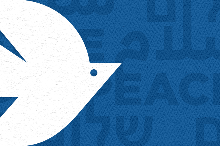 Architects of Peace. Blue background, peace in English, Hebrew, and Arabic. White dove overlaid on the lefthand side of the image.