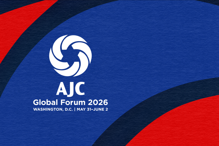 Graphic saying AJC Global Forum 2026 - Washington, D.C. - May 31- June 2 on a blue and red swirling background