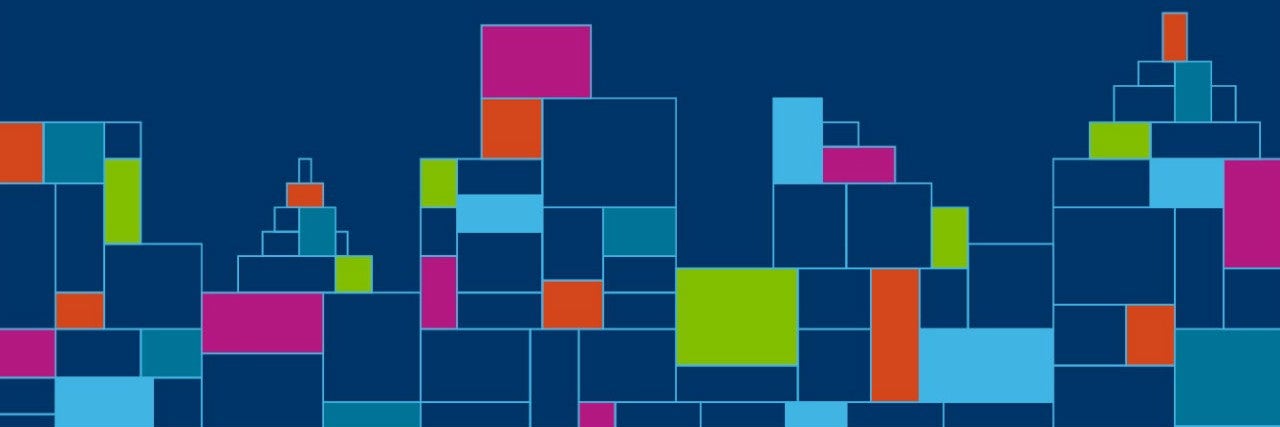 Graphic of navy, purple, green, red, and light blue boxes