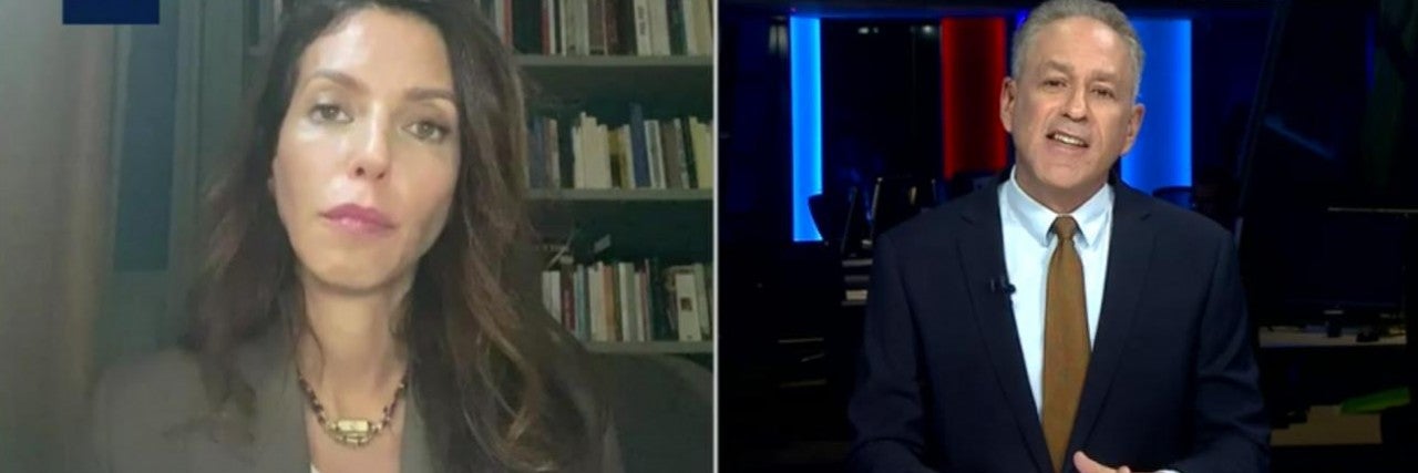 Photo of Simone Rodan on i24 with the host speaking on a report which finds coronavirus fueling global antisemitism
