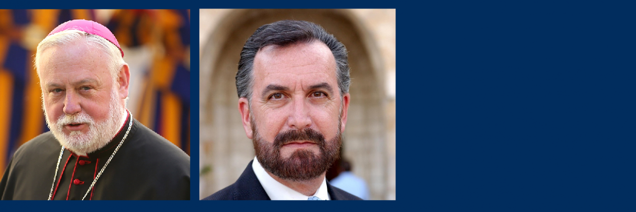 Headshots of Archbishop Paul Gallagher and Rabbi David Rosen
