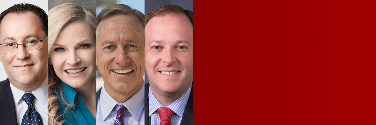 Headshots of Matt Brooks, Executive Director, Republican Jewish Coalition and the Jewish Policy Center, Kirsten Fontenrose, Director, Scowcroft Middle East Security Initiative at the Atlantic Council, Mayor John Giles, Mesa, Arizona, Representative Lee Zeldin (R-NY), Member, House Committee on Foreign Affairs