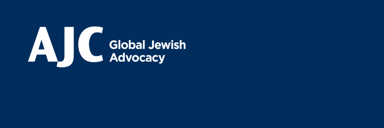 Graphic displaying AJC logo on a navy background with the word Global Jewish Advocacy
