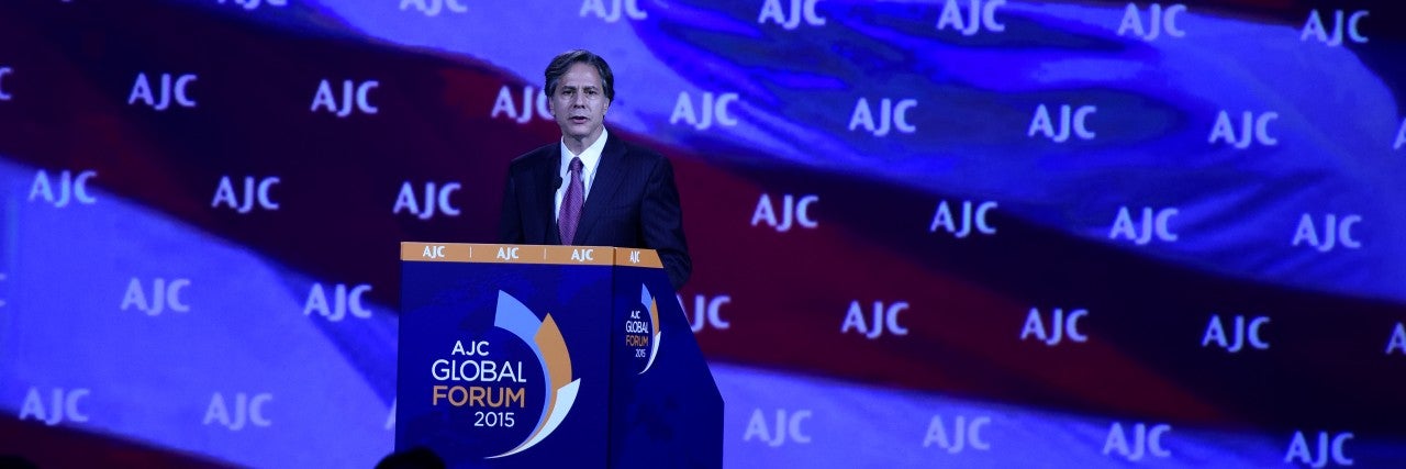 As Deputy Secretary of State, Blinken addressed the 2015 AJC Global Forum in Washington