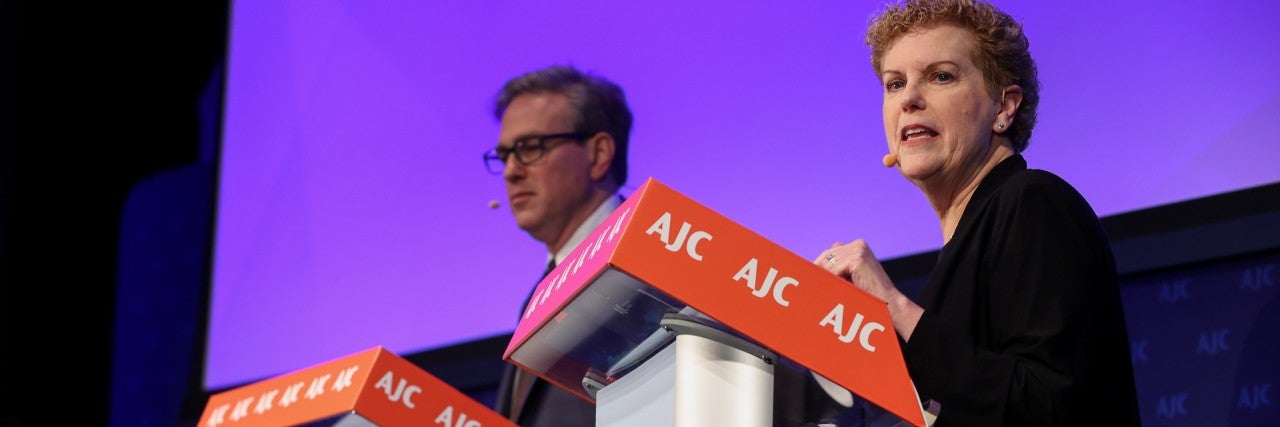 Photo of Great Debate speakers, Bret Stephens and Pamela Nadell