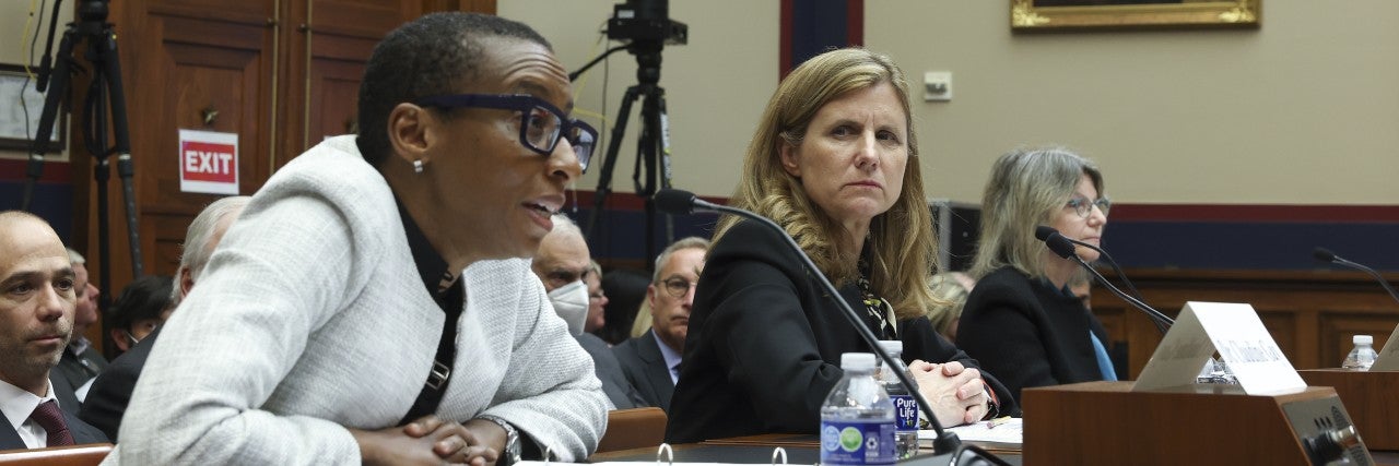 (L-R) Dr. Claudine Gay, President of Harvard University, Liz Magill, President of University of Pennsylvania, and Dr. Sally Kornbluth, President of Massachusetts Institute of Technology, testify before the House Education and Workforce Committee at the Rayburn House Office Building on December 05, 2023 in Washington, DC. The Committee held a hearing to investigate antisemitism on college campuses. 