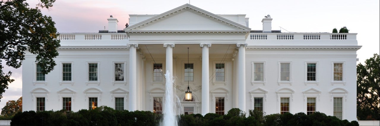 A scenic image of the White House with an American flag on the roof, featuring a fountain and green lawn.